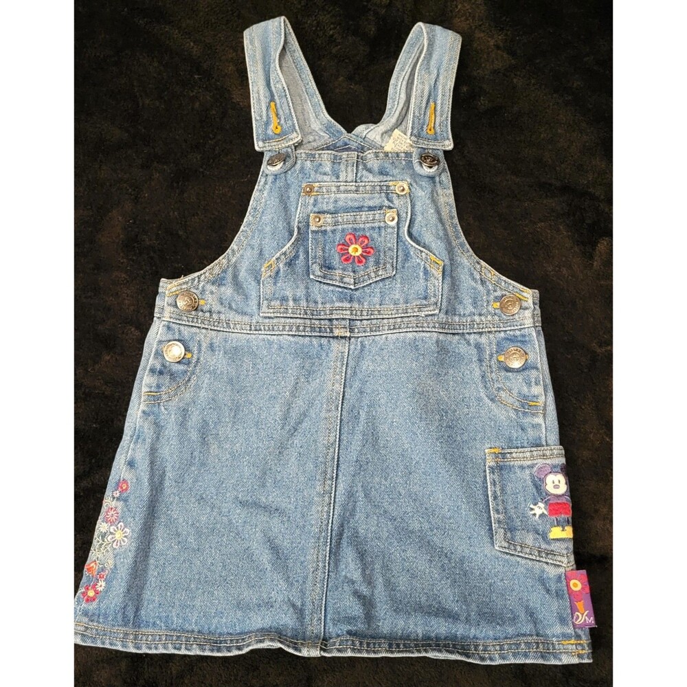 Vintage Size 4T Mickey & Co Denim Overall Dress Flowers Disney